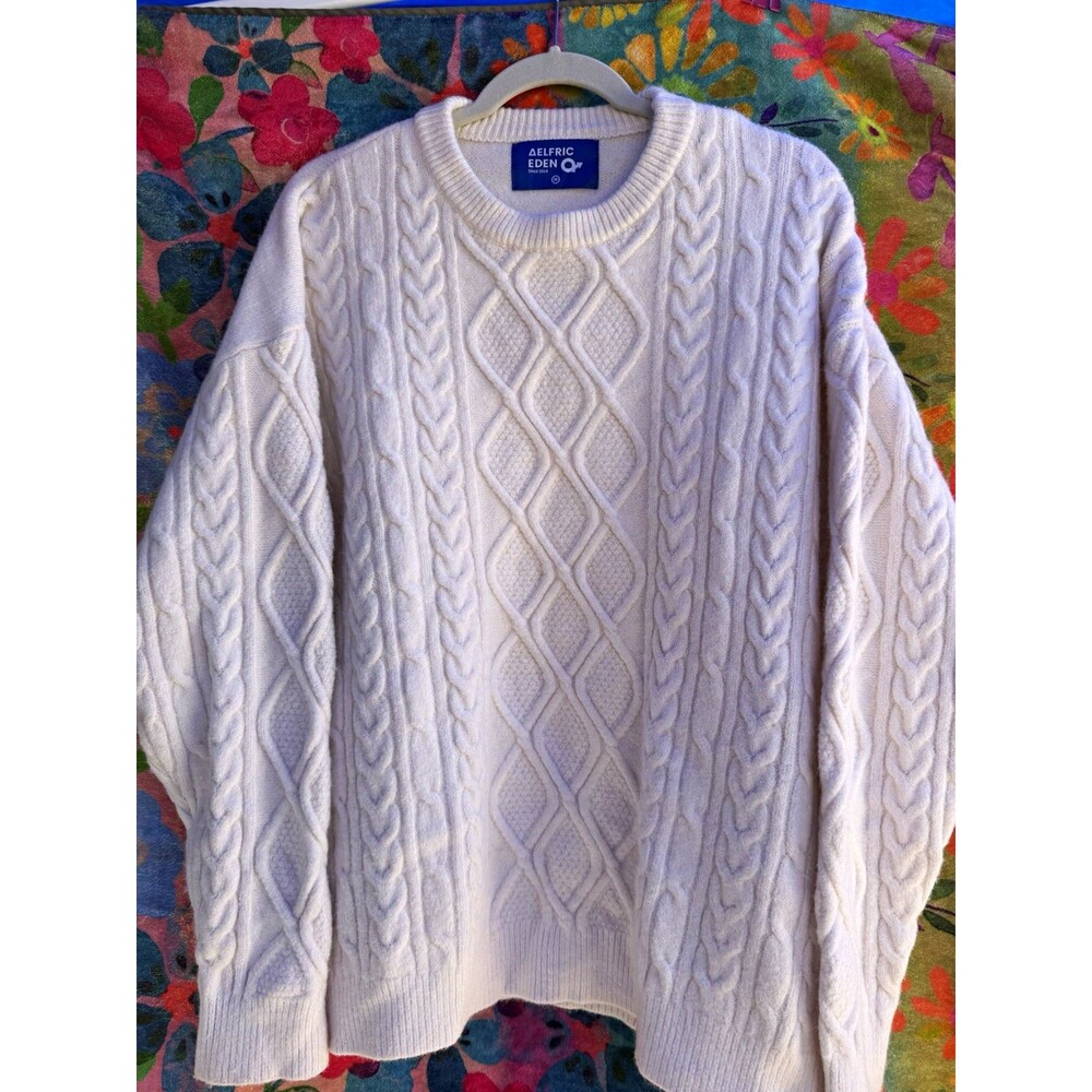 Aelfric Eden Men’s M Crew Neck Cable Knit Pullover Sweater White unisex